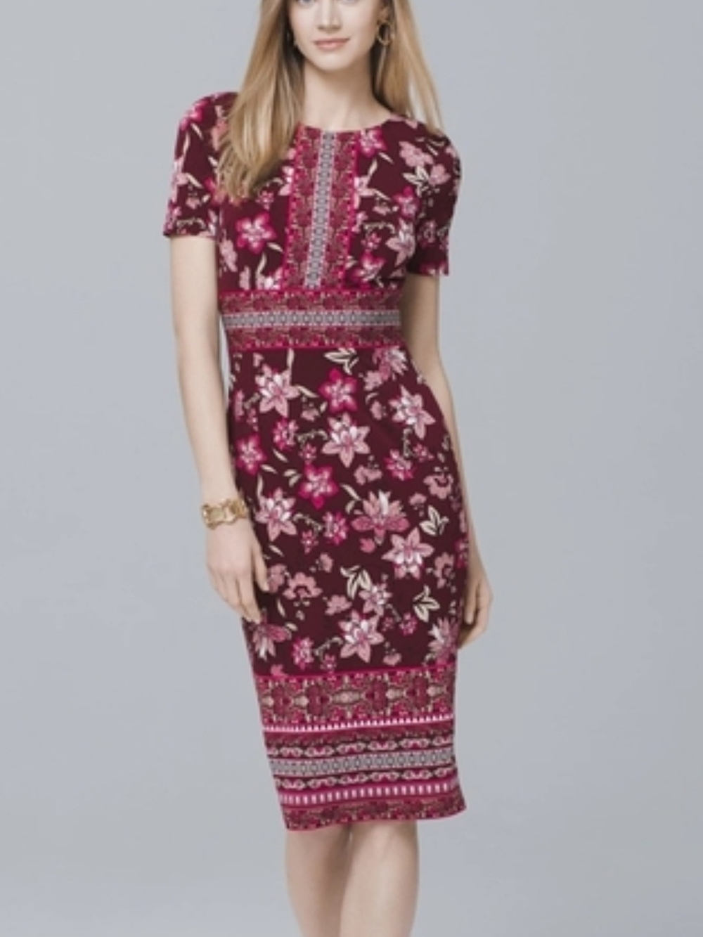 NWOT White House Black Market Burgundy and Pink Floral Midi Sheath Dress